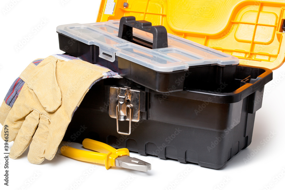 Wall mural Hard Hat, Leather Gloves and toolbox isolated on white