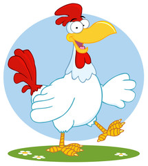 Happy White Rooster Walking And Waving