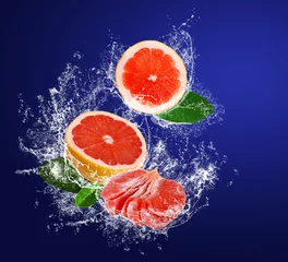  Segmenten van grapefruits met bladeren in waterspatten © Soloviova Liudmyla