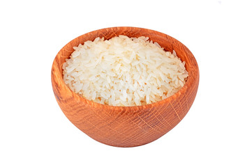 Rice in wooden bowl, isolated on white background