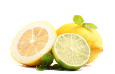 Fototapeta na wymiar Fresh lime and lemon with mint isolated on white