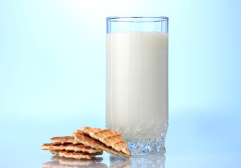 glass of milk and cookies on blue background