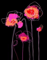 Fotobehang Abstracte bloemen Roze papavers op zwarte achtergrond. vector illustratie