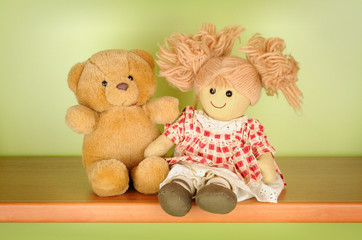 Rag doll and teddy bear