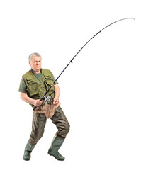 Mature fisherman holding a fishing pole