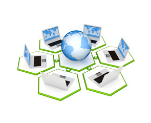 Notebooks and planet Earth merged in a network.