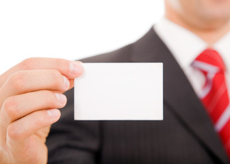 Close-up of business card in business man hand