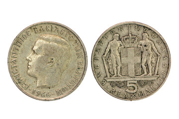 Old Greek 5 drachmas coin from 1966 (two sides)