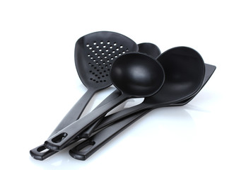 black kitchen utensils isolated on white
