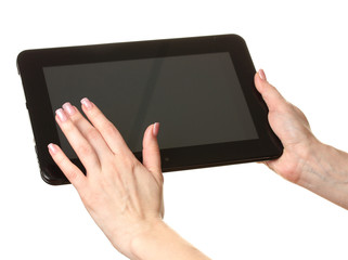 woman hands holding a tablet isolated on white