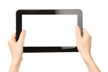 woman hands holding a tablet isolated on white