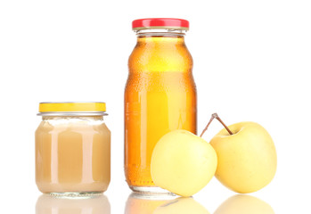 Jar of baby puree and juice with apple isolated on white