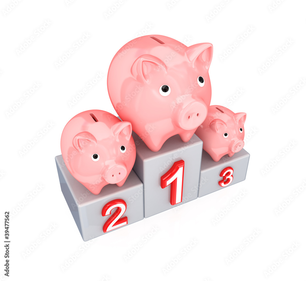 Canvas Prints three piggy banks on pedestal.