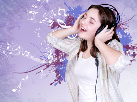 Portrait of singing teenage girl in headphones