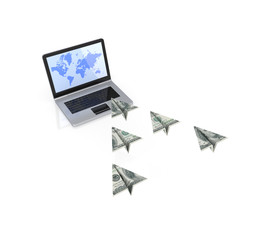 Fototapeta premium Airplane made of dollars flying to laptop screen.
