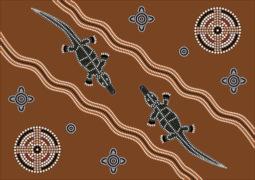 based on aboriginal style of dot painting depicting crocodiles