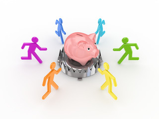 Colorful 3d small people around piggy bank.