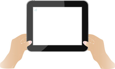 Hands holding touch screen tablet pc with blanc screen