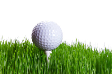 Golf ball on the tee in green grass over white