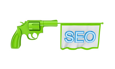 Green revolver shooting a blue word SEO.