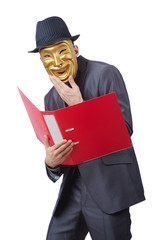 Espionage concept with masked man on white
