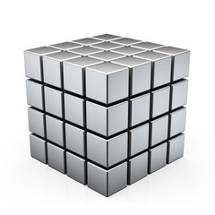 3D illustration of metal cube built from blocks