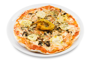 pizza with mushrooms, cheese, chili pepper on plate, isolated