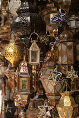 Moroccan glass and metal lanterns lamps in Marrakesh souq