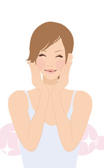 スキンケアをする女性/喜ぶ