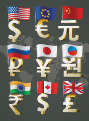 Golden signs of world currencies.