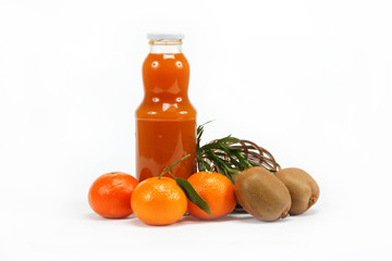 Juice and citrus fruits on a white background.