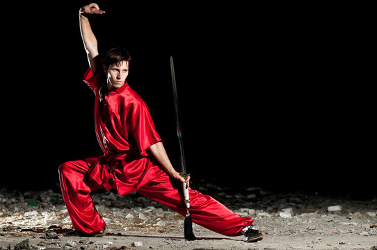 Wushoo Man In Red Practice Martial Art