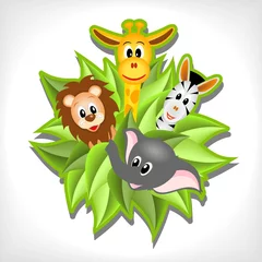 Abwaschbare Fototapete Zoo kleiner Cartoon-Elefant, Giraffe, Löwe und Zebra