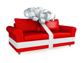 Red leather sofa wrapped with a white ribbon.