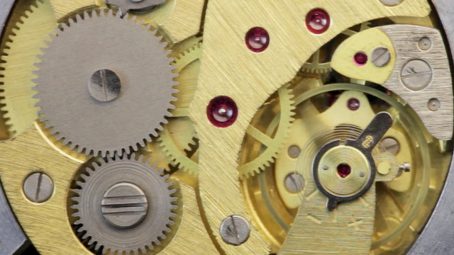 Moving metal gears inside working watch mechanism