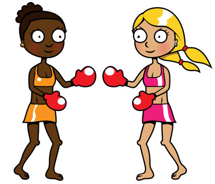 Two girls of different ethnicity boxing