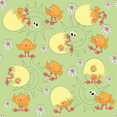 Easter pattern seamless with cartoon chicken and sun