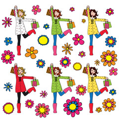 Set of cute women with shopping bags wearing spring clothing.