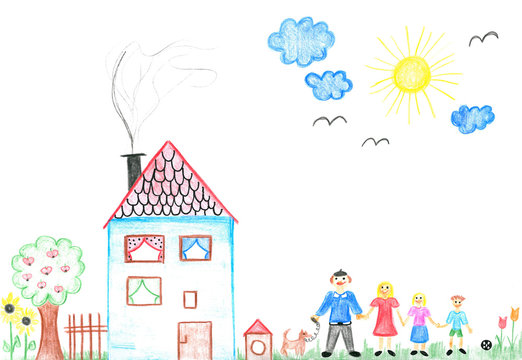 Child's drawing happy family with house and dog.
