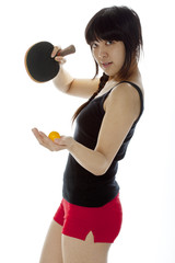 Young Asian woman with a ping-pong racket isolated on white