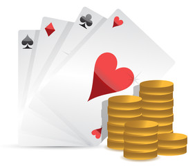 Poker cards and gambling money over white background
