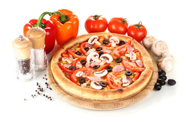Aromatic pizza with vegetables and mushrooms isolated on white