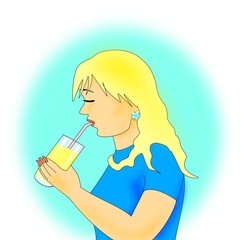 Blonde girl drinking from a straw.