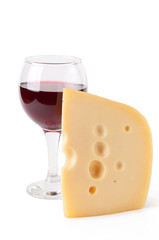 Maasdam cheese and a glass of red wine, isolated on white