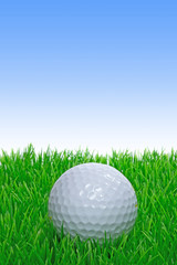 A single golf ball on grass with blue sky copy space