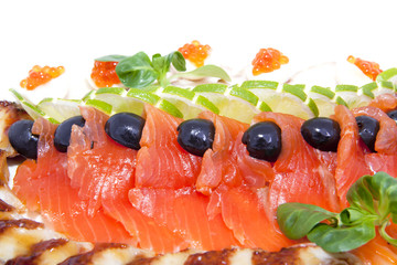 salmon slices and olives