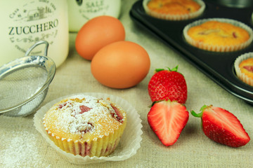 Strawberry muffin and ingredients