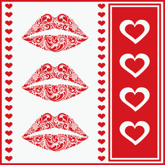 Set of beautiful lips and hearts.