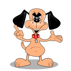 A cartoon dog with mischievous evil expression on his face