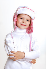 Kid in winter wear against white background